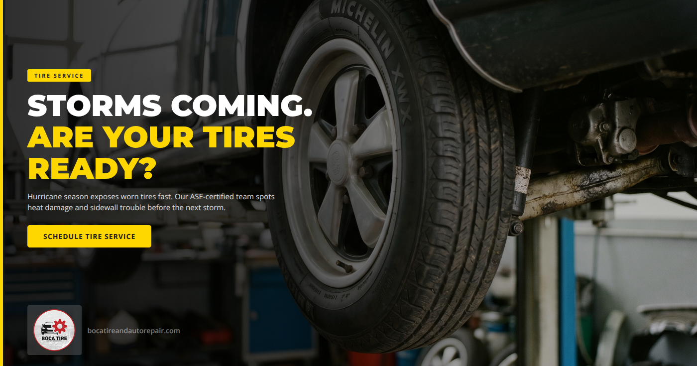 Tire service in Delray Beach, FL — ASE-certified technician at Boca Tire and Auto - Firestone inspecting tire tread depth on a vehicle ahead of Florida hurricane season